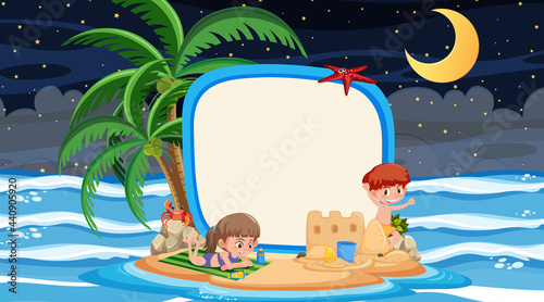 Kids on vacation at the beach night scene with an empty banner template.