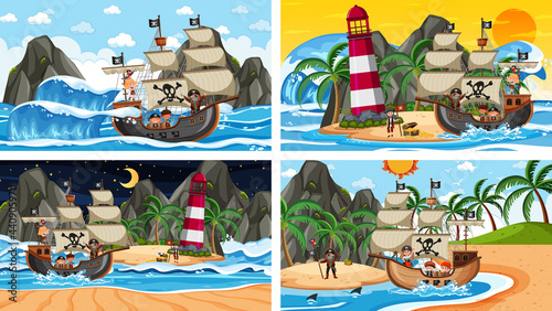 Set of different beach scenes with pirate ship