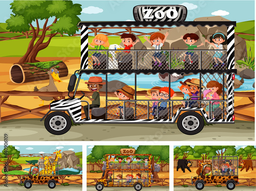 Different safari scenes with animals and kids cartoon character