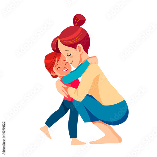 Mother and child. Mom hugging her son with a lot of love and tenderness. Mother's day, holiday concept. Cartoon flat isolated vector design