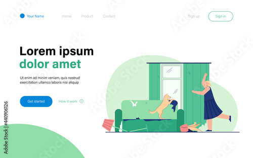 Woman angry with mess made by dog. Female character screaming at pet. Ruined furniture and curtains. Broken down lamp and plant. Keeping domestic animals concept for banner, website or landing page