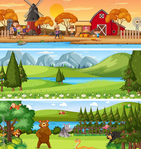 Fototapeta Naklejka Na Ścianę i Meble -  Different nature landscape at daytime scene with cartoon character