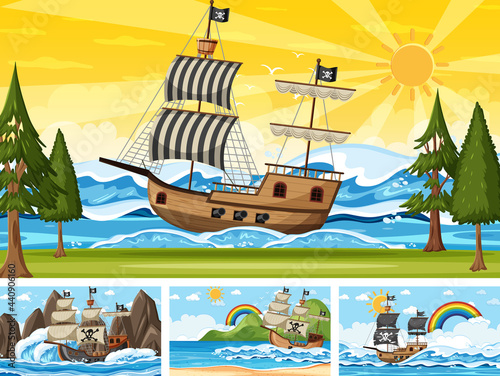 Set of Ocean with Pirate ship at different times scenes  in cartoon style