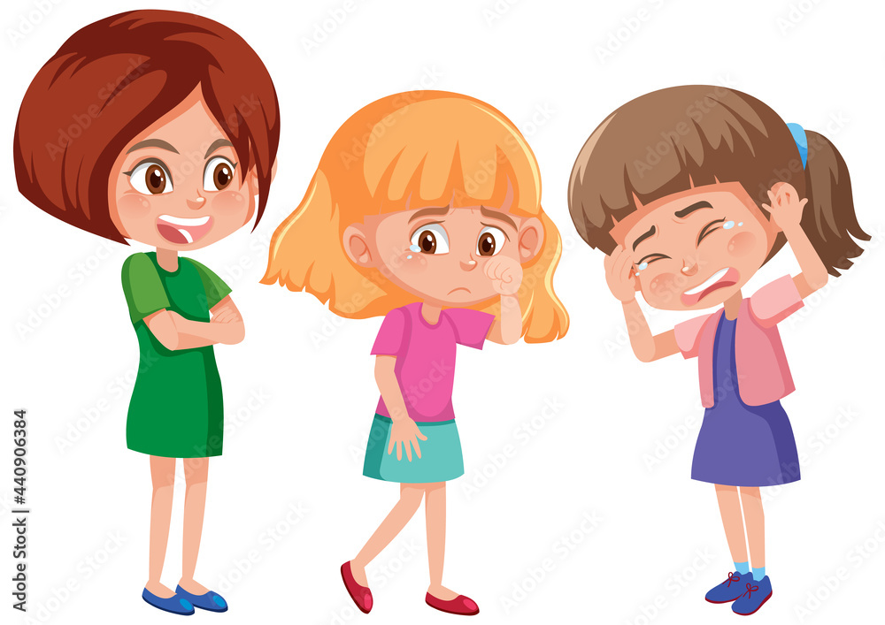 A young woman bullying two little girls cartoon character A young woman bullying two little girls cartoon character