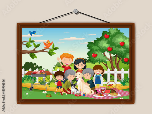 Happy family picnic outdoor scene in a photo frame hanging on the wall