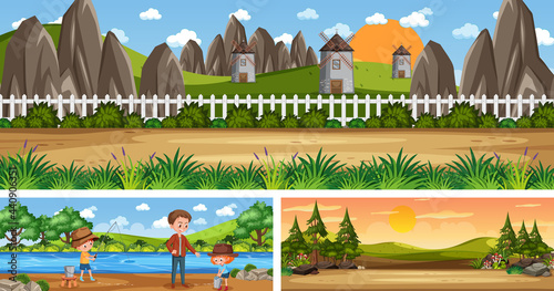 Set of different outdoor panoramic landscape scenes with cartoon character