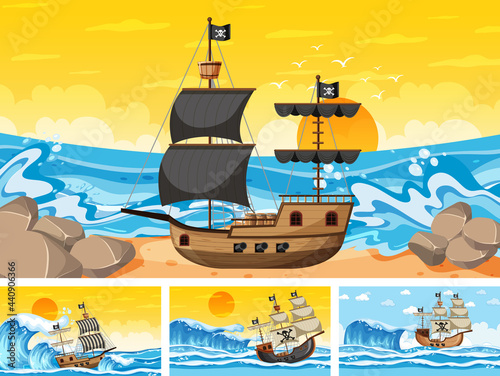Set of ocean scenes at different times with Pirate ship in cartoon style