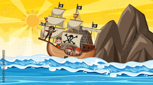 Ocean with Pirate ship at sunset scene in cartoon style