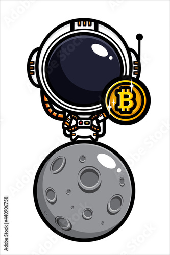 cute cartoon astronaut vector design standing on the moon holding bitcoin coins