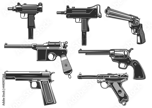 Set of illustrations of handgun. Uzi, revolver, mauser, luger. Design element for logo, label, sign, emblem. Vector illustration