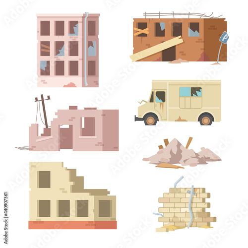 Colorful set of ruined buildings and auto. Cartoon vector illustration. Old, abandoned, collapsed buildings, broken walls and windows. Dwelling, decay, destruction, poverty, war concept for design