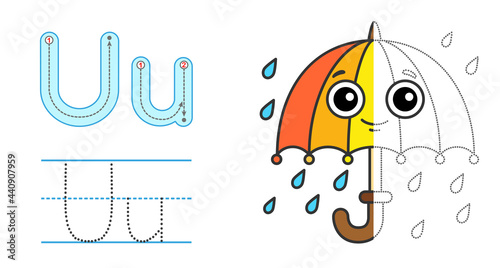 Trace the letter and picture and color it. Educational children tracing game. Coloring alphabet. Letter U and funny umbrella