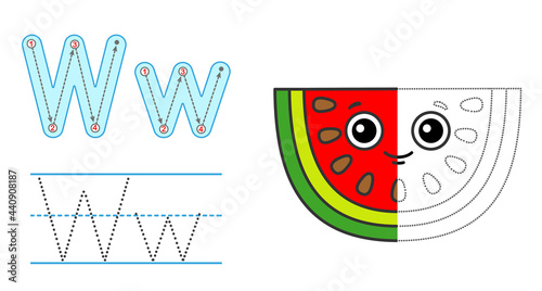 Trace the letter and picture and color it. Educational children tracing game. Coloring alphabet. Letter W and funny Watermelon