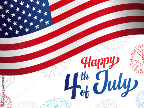 Happy 4th of July USA Independence Day greeting card with waving american national flag, fireworks and hand lettering text design. Vector illustration