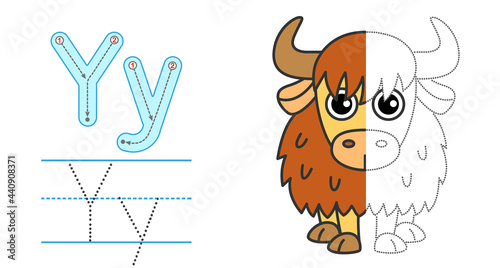 Trace the letter and picture and color it. Educational children tracing game. Coloring alphabet. Letter Y and funny Yak