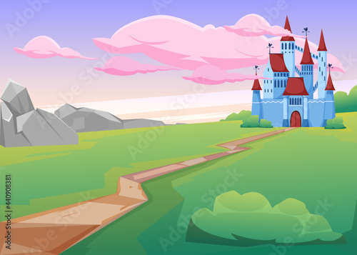 Road to beautiful castle. Path towards medieval mansion through green field, pink clouds, evening sky cartoon vector illustration. Fairytale, fantasy concept