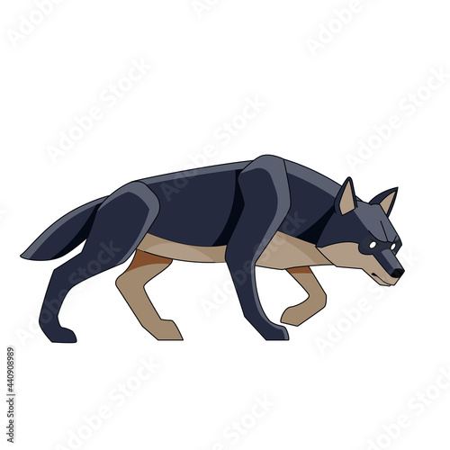 Black wolf watches for potential prey. Cartoon character of a dangerous mammal animal. A wild forest creature with dark fur. Side view. Vector flat illustration isolated on a white background