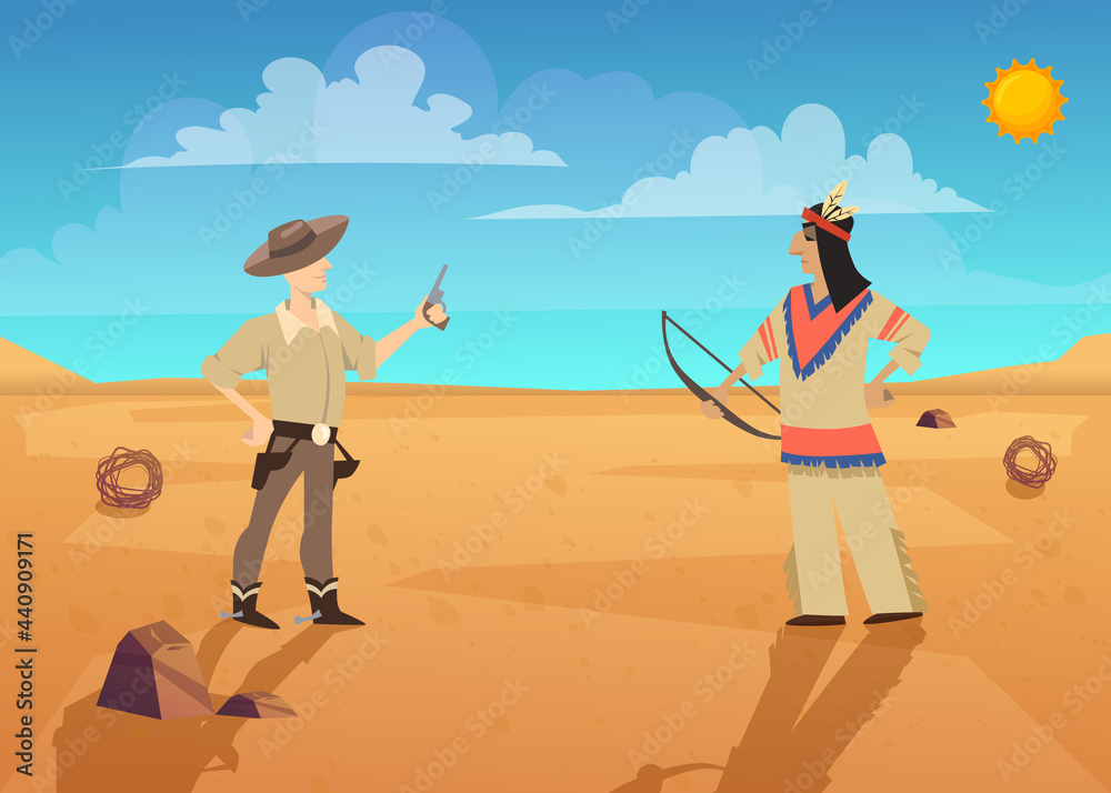 Duel of cowboy and Indian in desert. Cartoon vector illustration. Man in hat and cowboy boots holding gun opposite Indian in traditional dress holding bow. Western culture, ethnicity, America concept