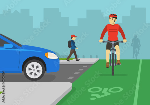 Professional cyclist turned his head and looking at blue sedan car. Front view of cycling bike rider on a bicycle lane. Flat vector illustration template.