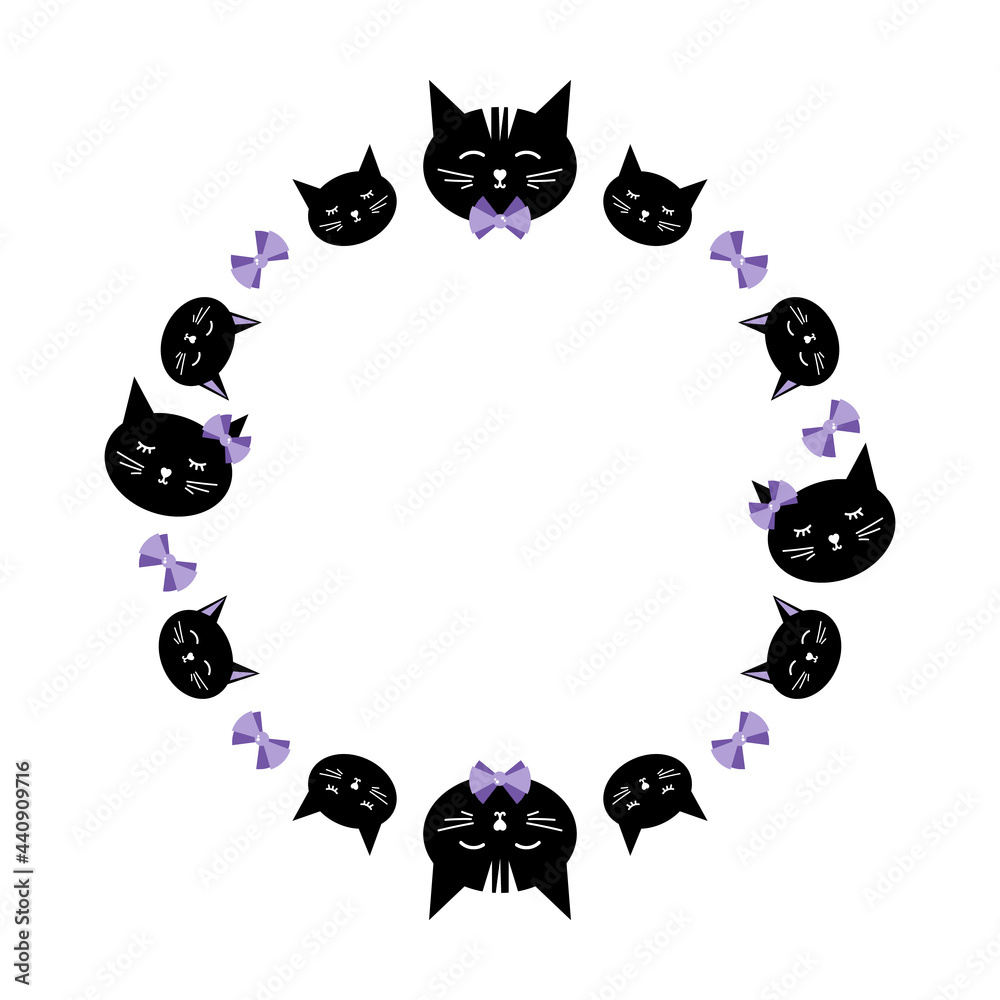 Fototapeta premium Cartoon style vector round frame template, background with black cats and purple bows for cat and animals related design.