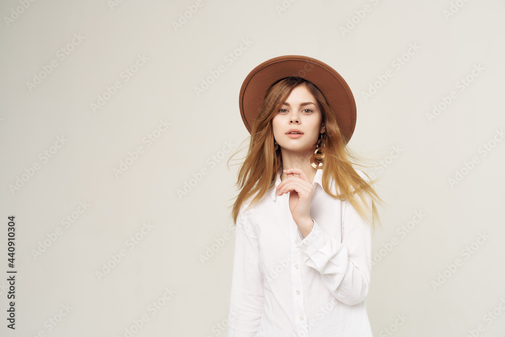 attractive woman wearing hat decoration white shirt charm street style attractive woman wearing hat decoration white shirt charm street style