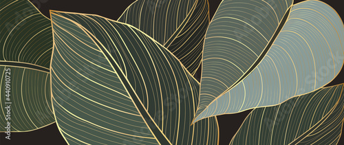 Abstract art Golden leaves background vector. Wallpaper design with line art texture from monstera leaves, Jungle leaves, exotic botanical floral pattern. Design for prints, banner, wall art.