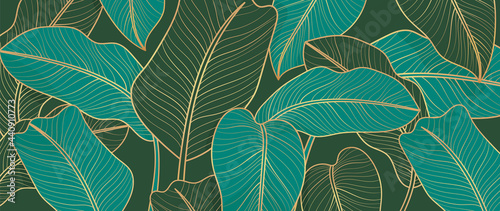 Abstract art Golden leaves background vector. Wallpaper design with line art texture from monstera leaves, Jungle leaves, exotic botanical floral pattern. Design for prints, banner, wall art.