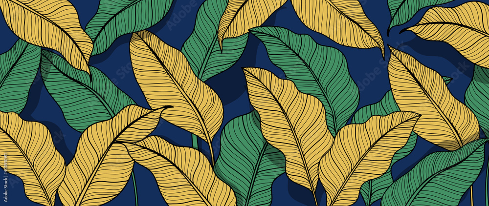 Abstract art Golden leaves background vector. Wallpaper design with line art texture from monstera leaves, Jungle leaves, exotic botanical floral pattern. Design for prints, banner, wall art.