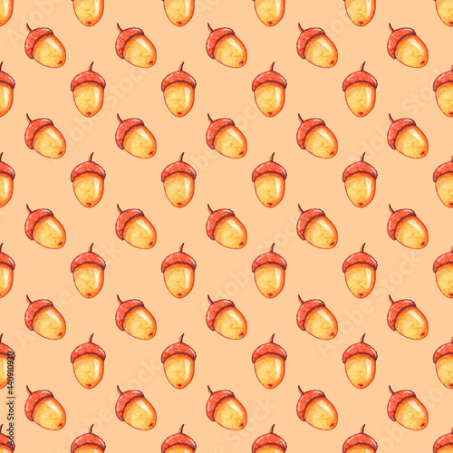 Seamless pattern of watercolor acorn. Natural backgrounds and textures for seasonal design, packaging, home textiles, fabric, thanksgiving theme, forest and happy fall