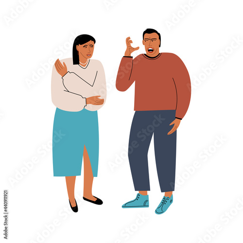 A man yelling at a woman. A married couple is fighting. A relationship crisis. Domestic violence. Vector flat illustration