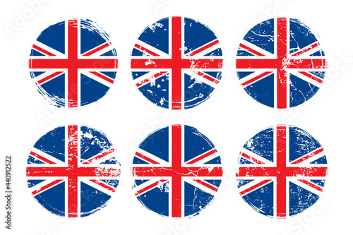 United Kingdom Flag grunge textures set. National flag of the United Kingdom. Grungy effect templates collection for greetings cards, posters, celebrate banners and flyers. Vector illustration. 