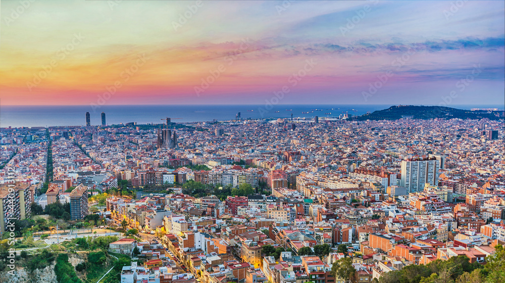 Barcelona Spain, high angle view panorama sunrise city skyline from Bunkers del Carmel