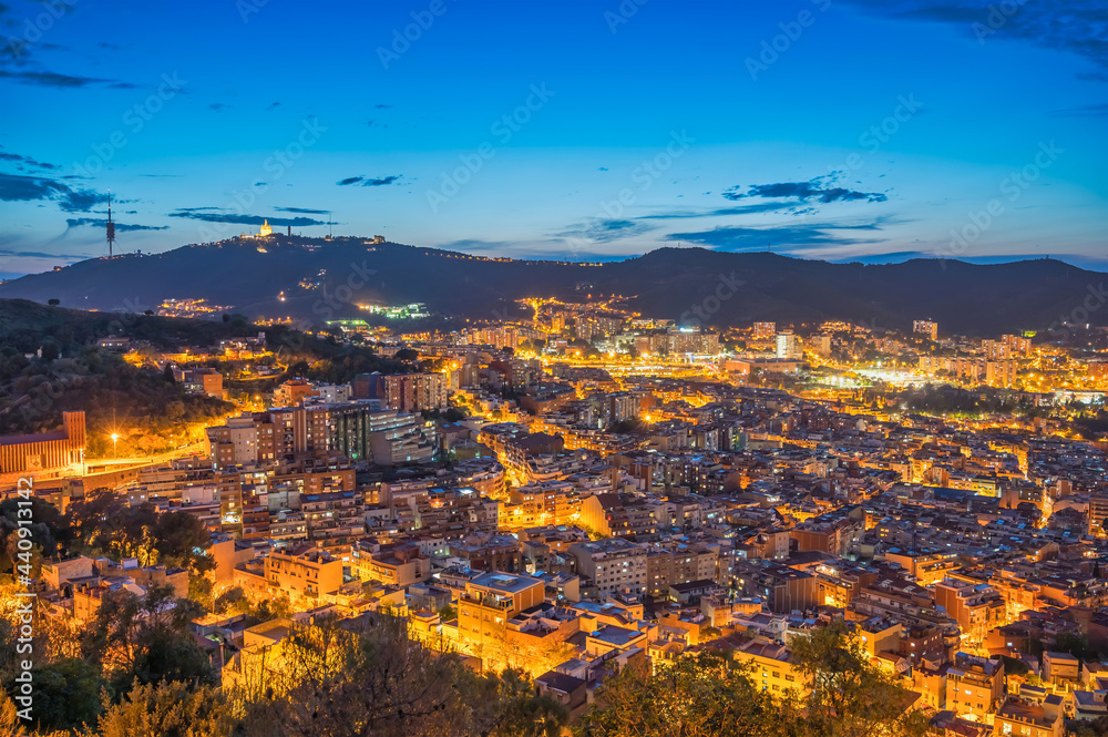 Barcelona Spain, high angle view night city skyline from Bunkers del Carmel