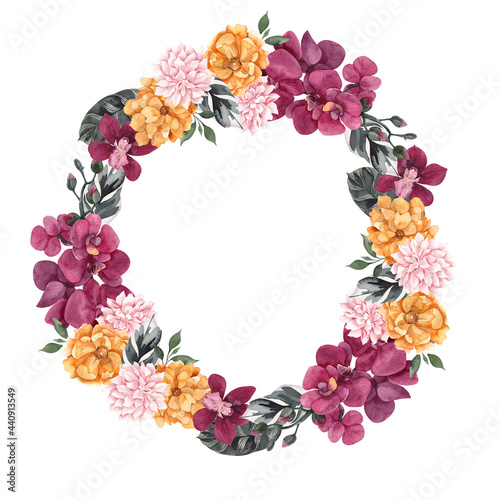 Watercolor floral wreath, isolated on white background