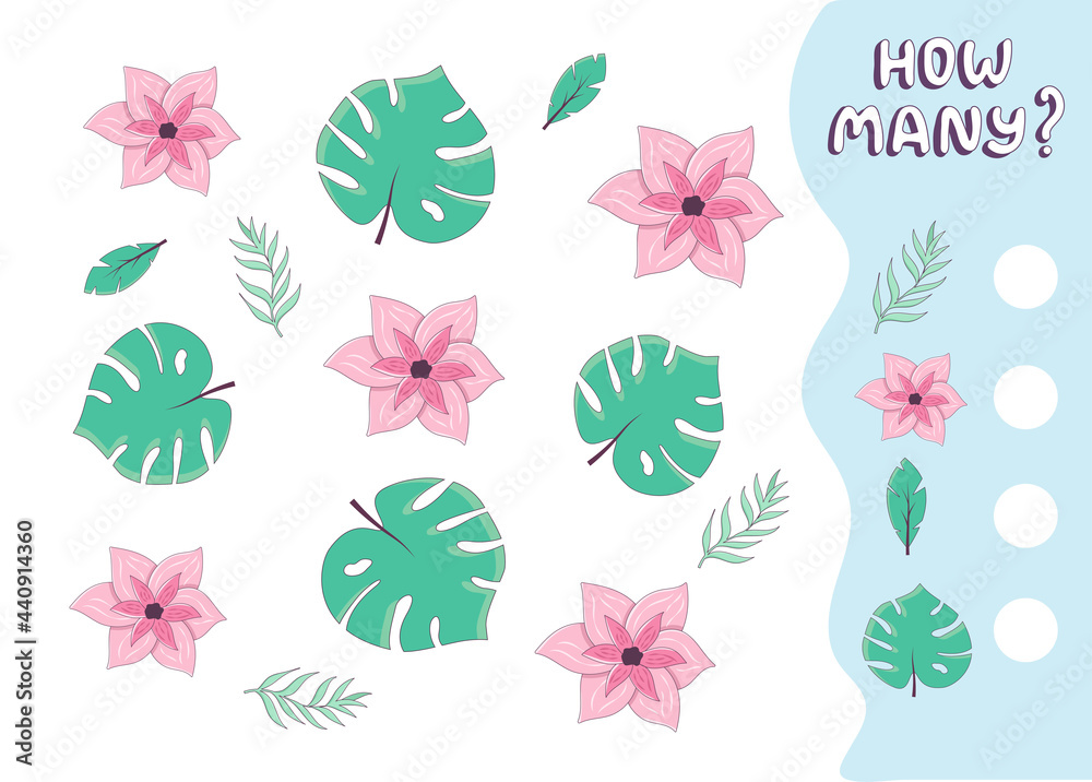 Counting game for preschool kids. Educational math game. Count how many tropical flowers and leaves there are and write down the result. Vector illustration in cartoon style
