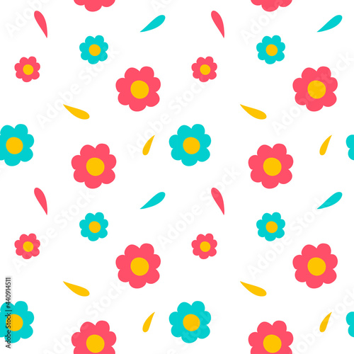 Simple floral seamless pattern with red and blue flowers on a white background. Vector endless texture for summer kids design in cartoon style