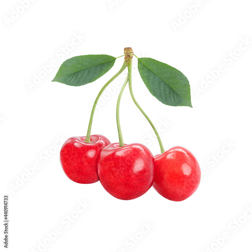 Three sweet cherries together with leaves isolated on a white background.