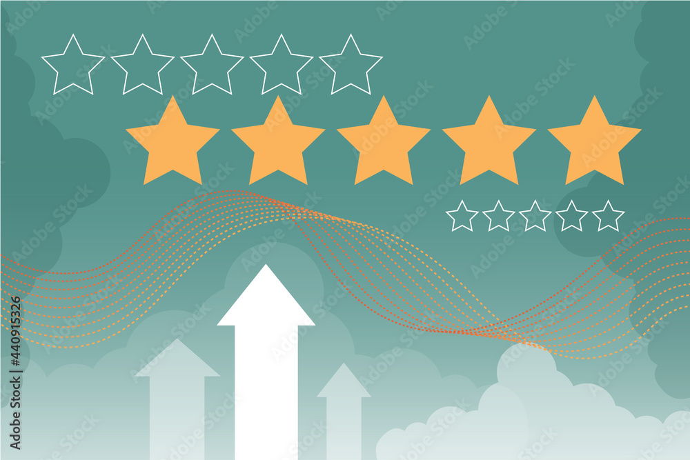 Rating five stars abstract vector illustration on blue bakground for site. User feedback, review website, product evaluation, service ranking, sharing experience