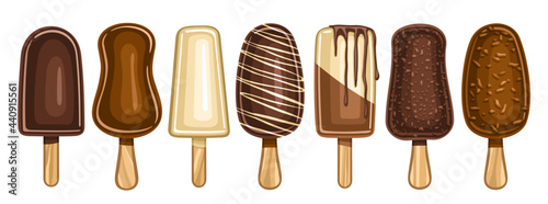 Vector set of Chocolate Popsicle, lot collection of seven isolated illustrations covered choco ice creams, banner with group of cartoon chocolate popsicles for kids with wood stick on white background