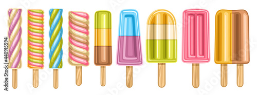 Vector set of Fruit Popsicle, lot collection of 9 cut out illustrations of berry and fruit ice creams, banner with group of delicious fruity popsicles for kids with wooden sticks on white background.