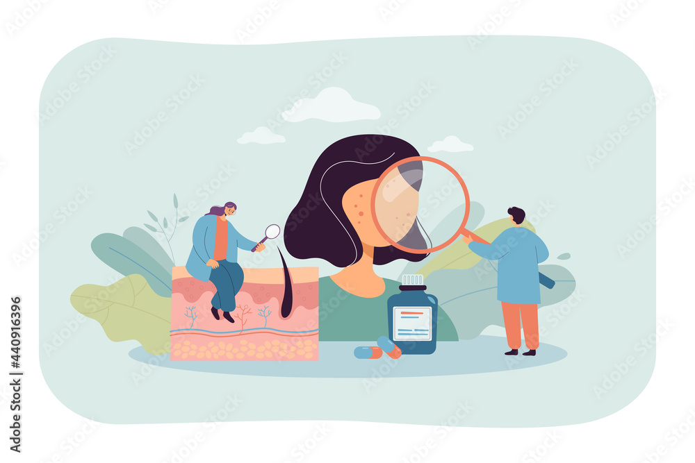 Tiny dermatologists examining skin of patient at hospital. Doctor studying epidermis, skin inflammation flat vector illustration. Dermatology, health concept for banner, website design or landing page Tiny dermatologists examining skin of patient at hospital. Doctor studying epidermis, skin inflammation flat vector illustration. Dermatology, health concept for banner, website design or landing page