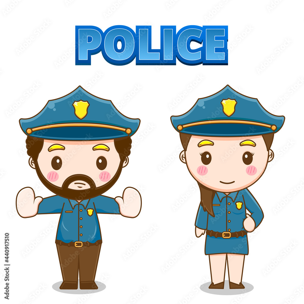 Cute policeman and police woman chibi character illustration Cute policeman and police woman chibi character illustration