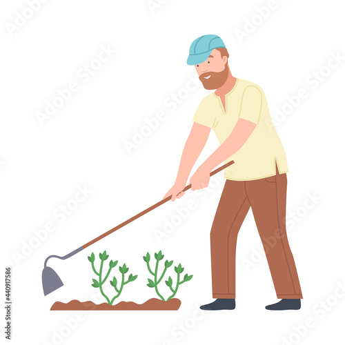 Bearded Male with Hoe Working in the Garden Vector Illustration