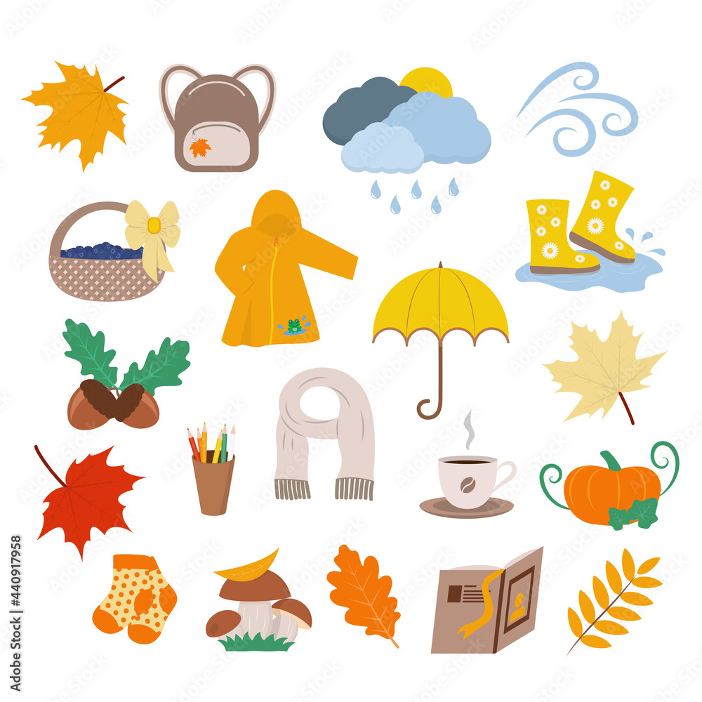 Autumn colorful set: falling leaves, pumpkin, raincoat, rainy clouds, umbrella, acorns, scarf, etc. Fall season elements. Cartoon vector illustration