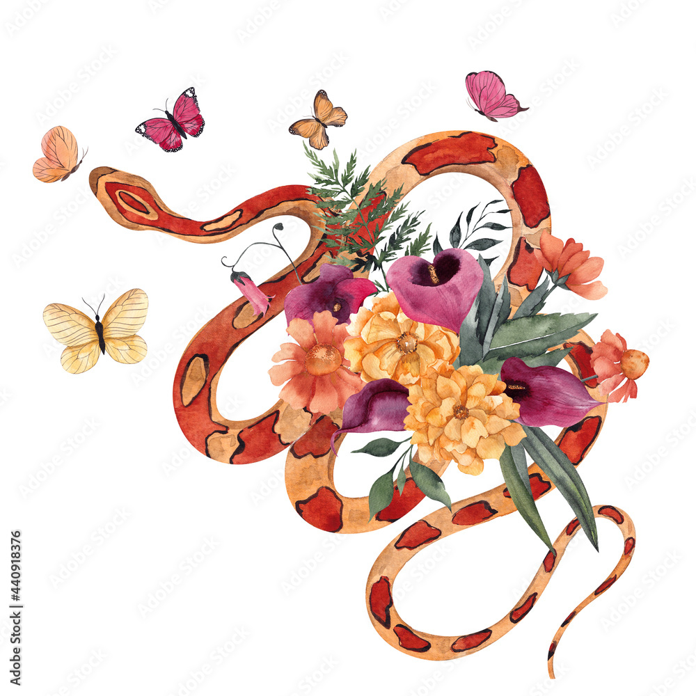 Watercolor illustration with snake and floral composition, isolated on ...