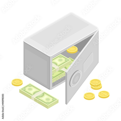 Safe Deposit with Dollar Banknote and Coins as Financial Accounting and Summary Isometric Vector Composition