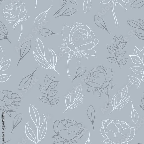 Seamless pattern with flowers and leaves  vector. Repeating pattern with peonies and sheets. Outline of lush flowers on a gray background. Hand drawing wallpaper.