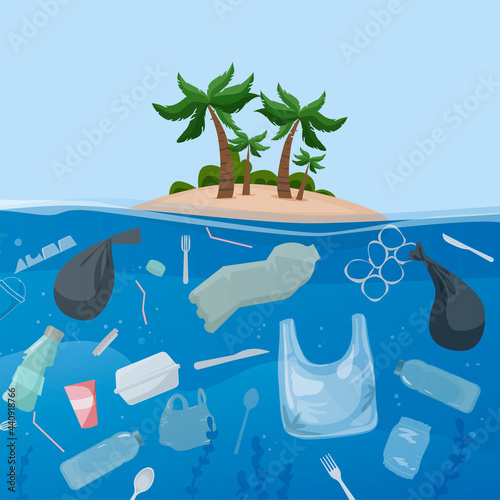 Polluted ocean and plastic waste floating on the surface, environmental protection motivational advertisement Ocean sea water pollution concept vector illustration.