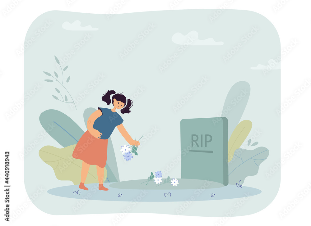 Obraz premium Little girl putting flowers on grave. Sad orphan character in cemetery, gravestone flat vector illustration. Death, family, funeral concept for banner, website design or landing web page