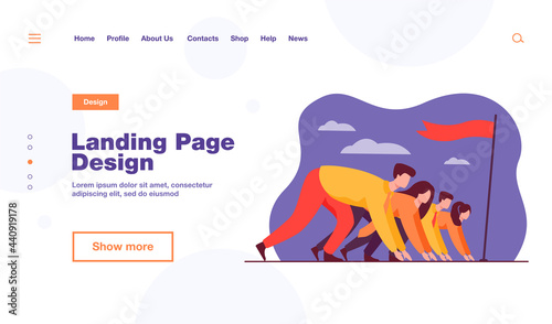 Career competition metaphor. Office professionals race. Employees ready to run, standing at start line with flag. Vector illustration for business opponents, rivalry concept